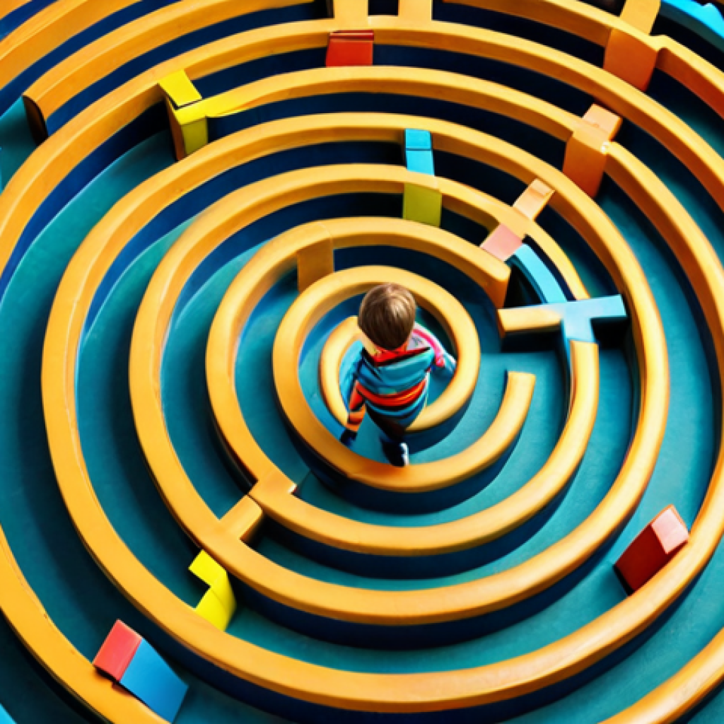 A child confidently navigating a maze symbolizing self-directed learning, bright colors, whimsical style, emphasizing problem-solving and independence.