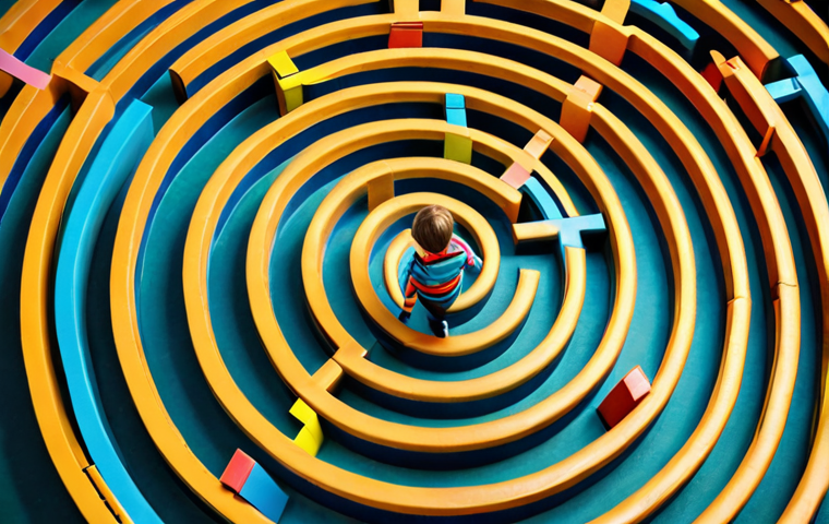 A child confidently navigating a maze symbolizing self-directed learning, bright colors, whimsical style, emphasizing problem-solving and independence.