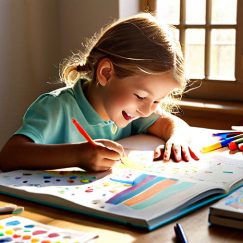 Home 25 ** A child happily studying at a desk, creating a mind map with colorful markers. Books and educational materials are scattered around, and sunlight streams through the window. The scene emphasizes a sense of joyful learning and self-directed exploration.
**