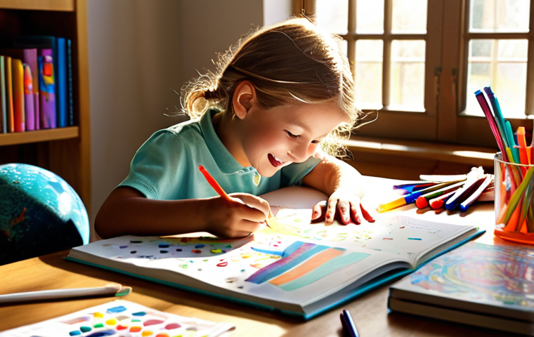 ** A child happily studying at a desk, creating a mind map with colorful markers. Books and educational materials are scattered around, and sunlight streams through the window. The scene emphasizes a sense of joyful learning and self-directed exploration.

**