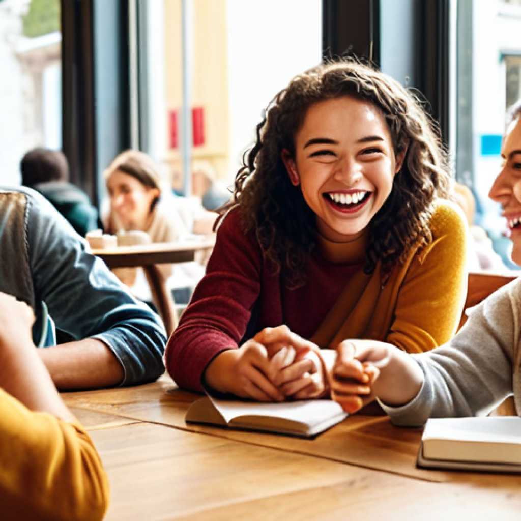 A person joyfully participating in a study group, surrounded by friends and engaging in lively discussions in a brightly lit cafe.