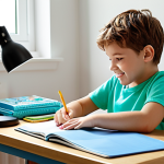 A cozy, organized child's room with natural light. The desk is clear of clutter, featuring only essential study materials. Soft blue and green accents promote calmness. A planner and a stopwatch are on the desk. A happy child is studying diligently, with soft, instrumental music playing in the background.