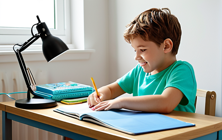 A cozy, organized child's room with natural light. The desk is clear of clutter, featuring only essential study materials. Soft blue and green accents promote calmness. A planner and a stopwatch are on the desk. A happy child is studying diligently, with soft, instrumental music playing in the background.